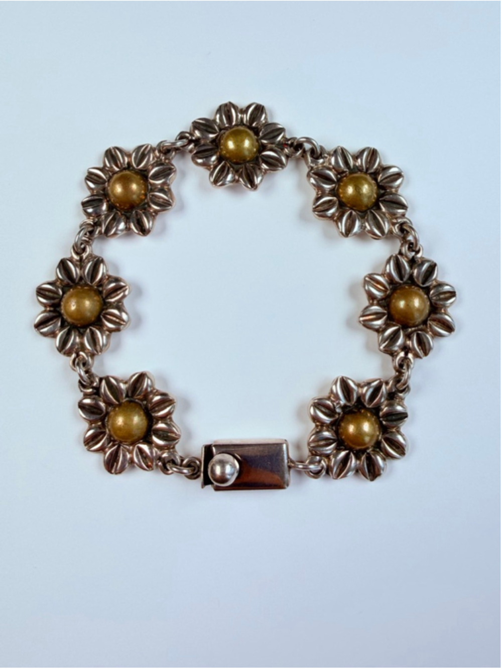 Taxco Retro Daisy Flower Floral Link Brass & Sterling Silver 925 Bracelet Mexico